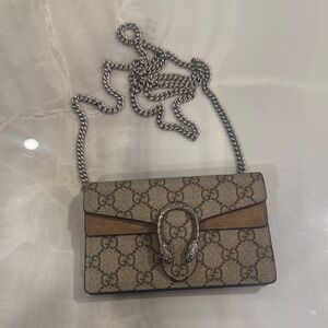 Gucci Beige GG Supreme Crossbody with Brown Trim and Silver Chain